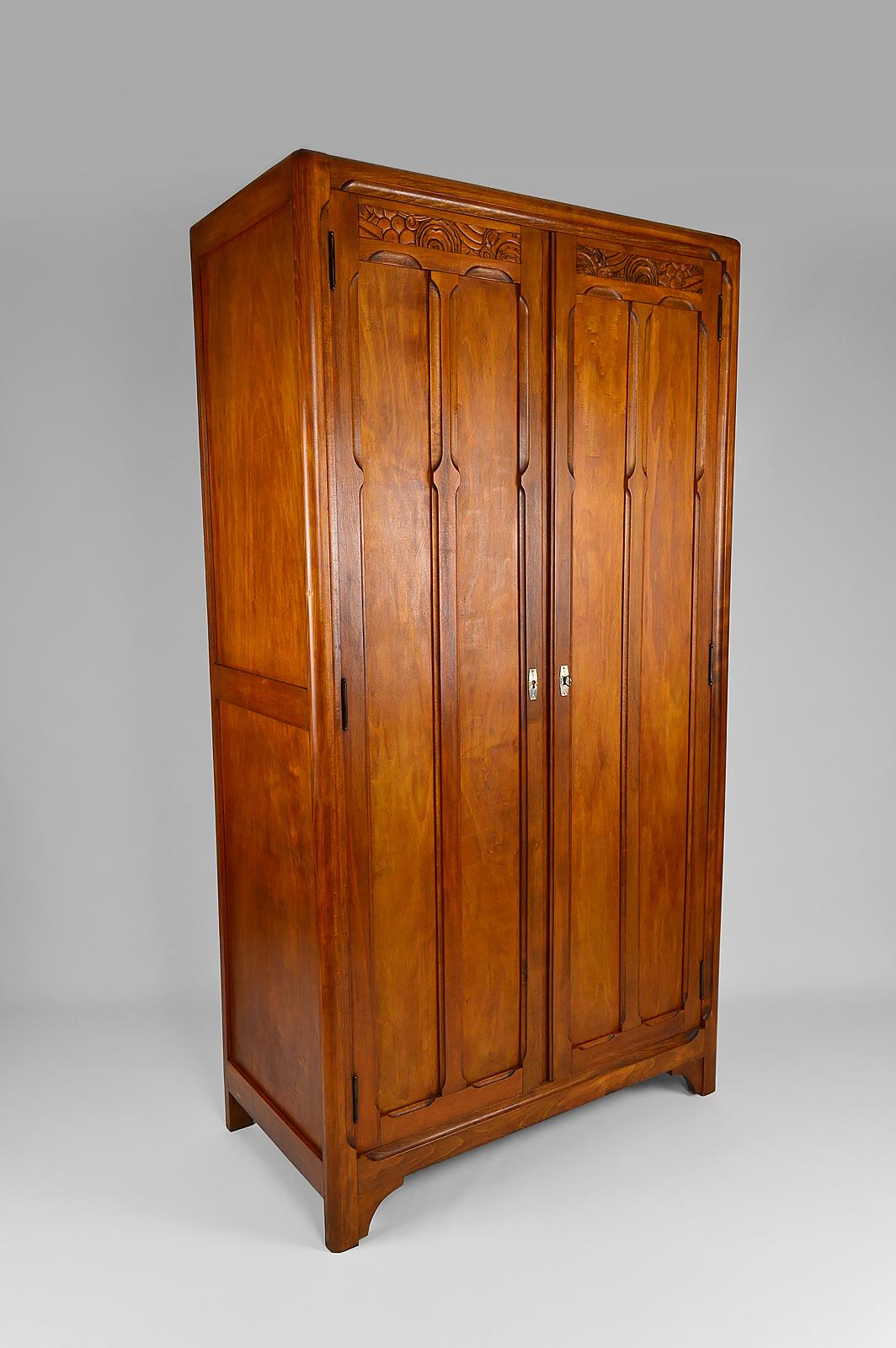 Mid-20th Century Art Deco Wardrobe in Carved Wood, France, circa 1930