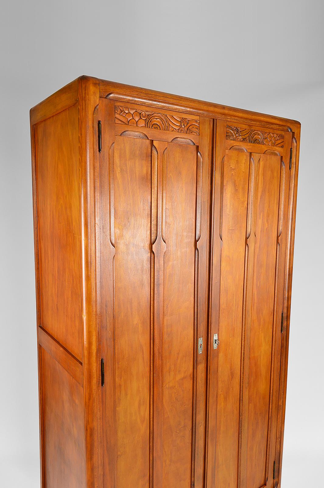 Art Deco Wardrobe in Carved Wood, France, circa 1930 2