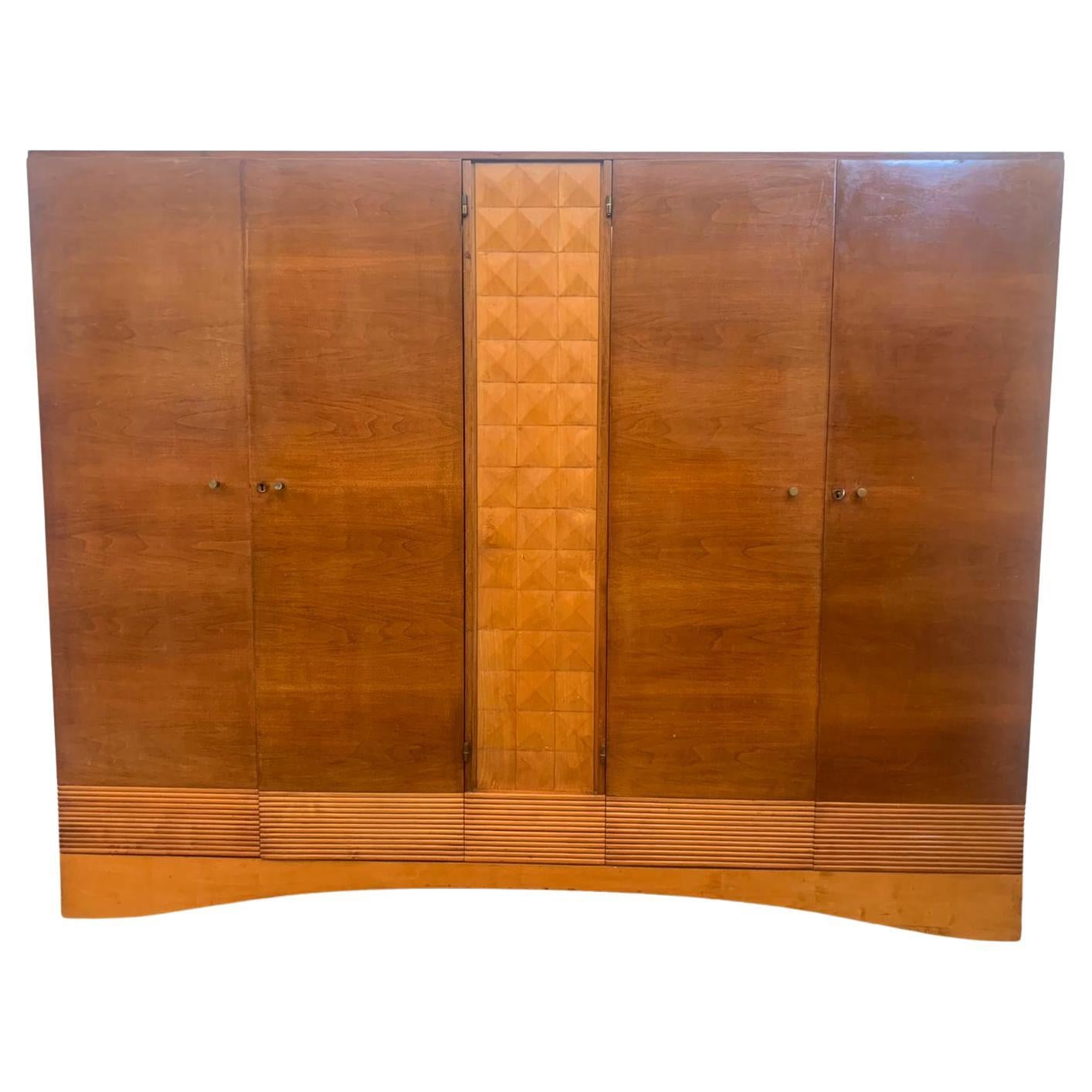 Art Deco Wardrobe in Cherry and Maple Carved at the Center and Base For Sale