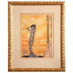 Vintage  Edouard Chimot Art Deco Watercolor Yellow, Orange, Gray Custom Framed French