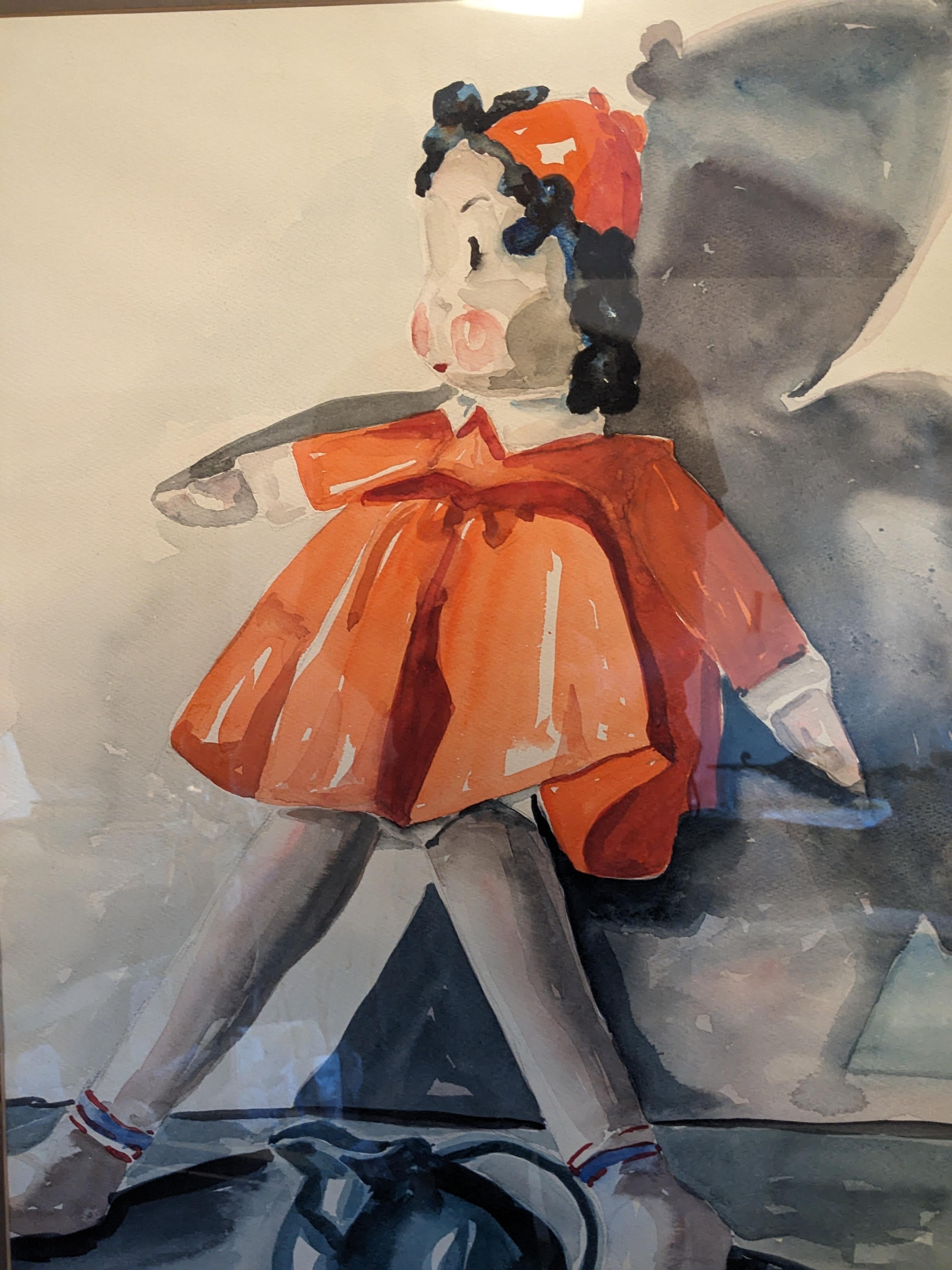 Ébénisé Aquarelle de petite poupée Lulu en vente