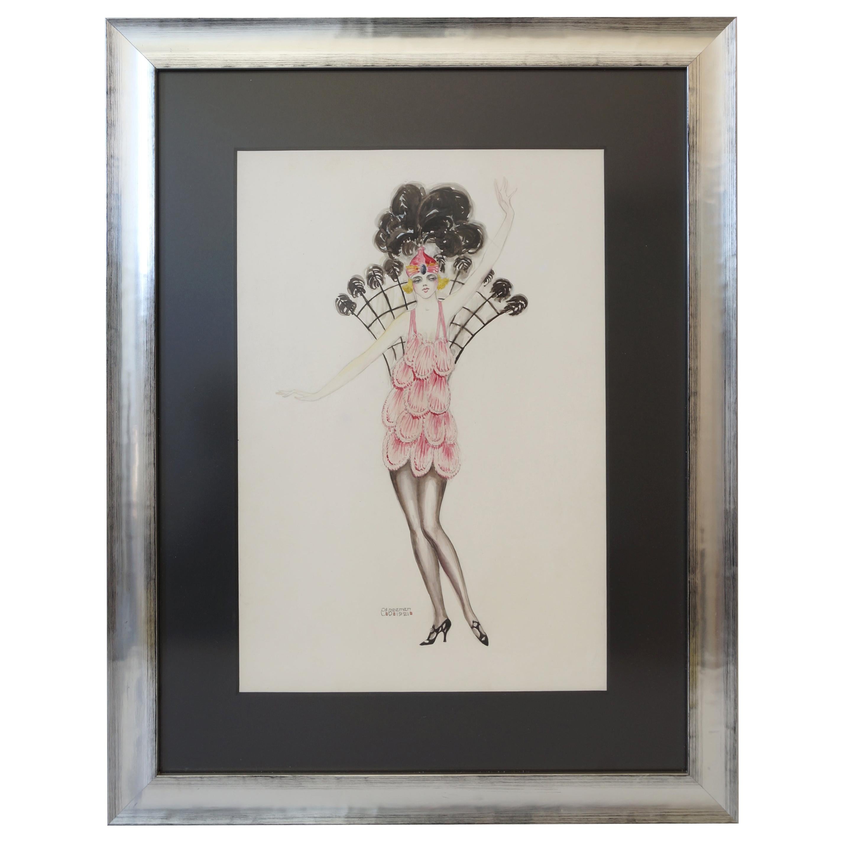 Art Deco Watercolor of a Flapper/Burlesque Dancer