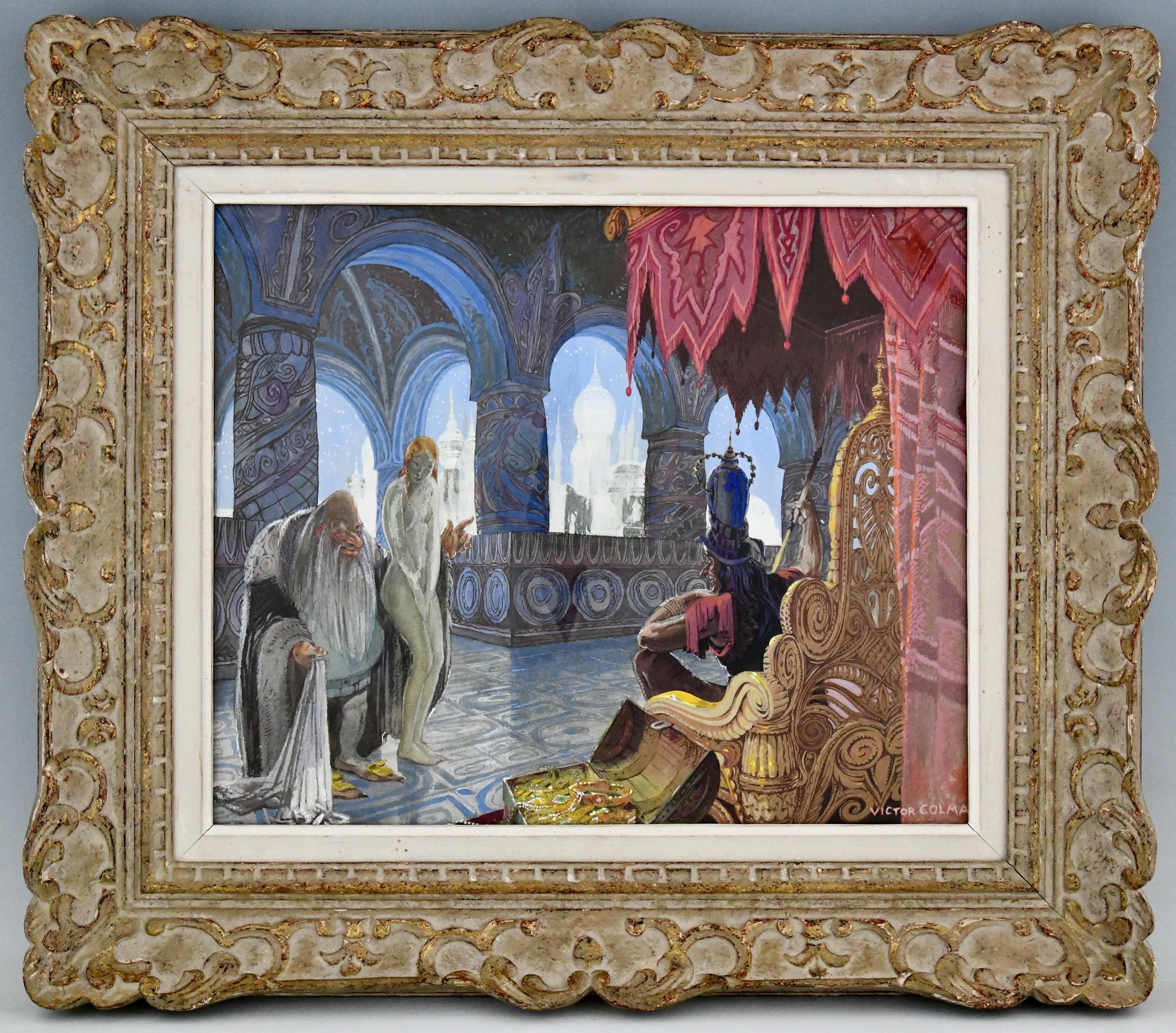 Art Deco watercolor painting king and slave girl. Orientalist harem scene signed by Victor Colma. France ca. 1930. 
Size of the frame: 
H. 57 cm x L. 65 cm. x W. 4.5 cm. 
H. 22.5 inch x L. 25.6 inch. x W. 1.8 inch. 

Size of the work: 
H. 38