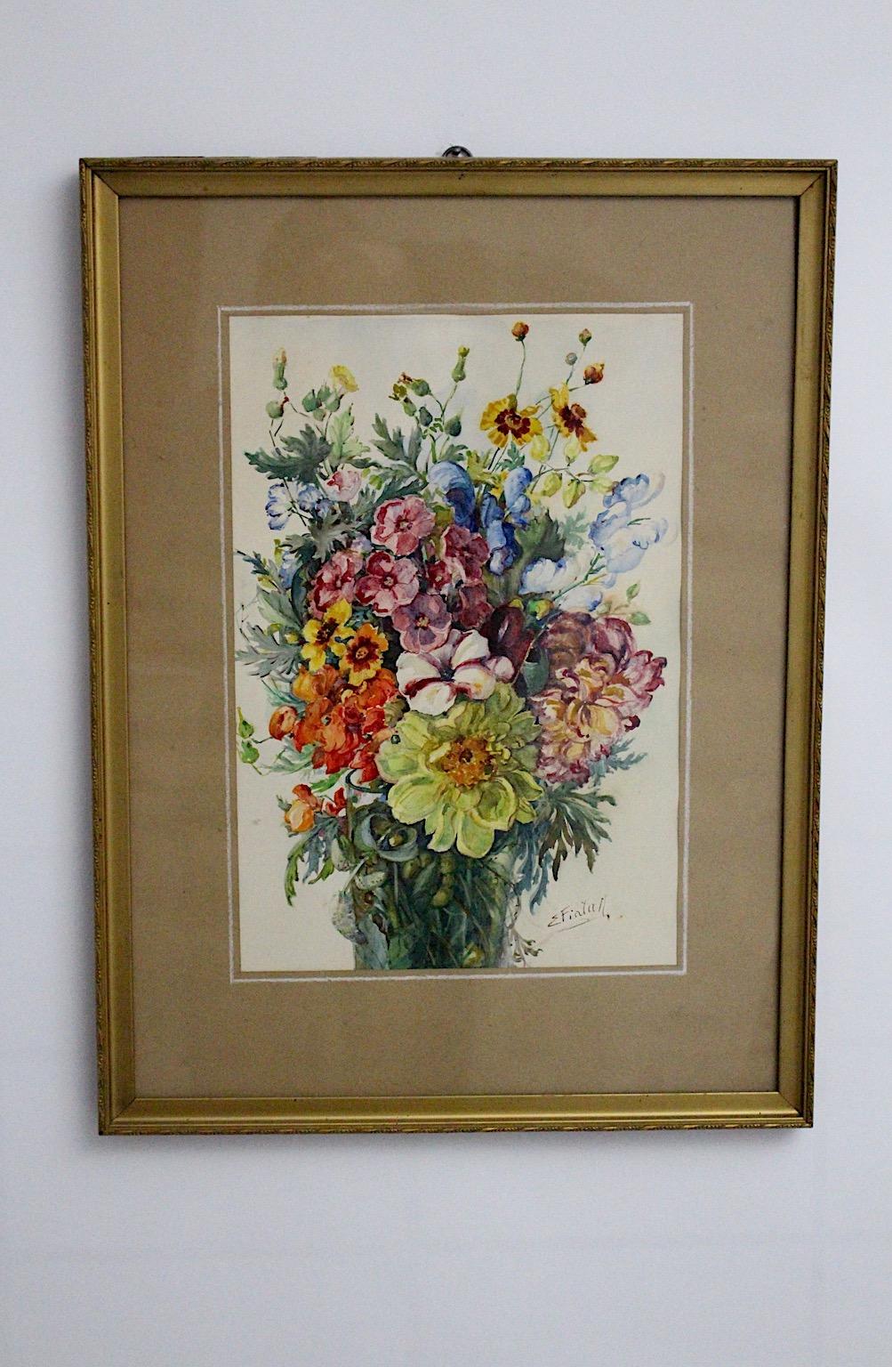 Aquarelle Art Déco vintage, fleurs sauvages par Emil Fiala 1930s Vienne.
Emil Fiala (1869-1960) a été de 1915 à 1937 membre du Künstlerbund autrichien (anciennement Hagenbund).
Le beau bouquet délicat de fleurs sauvages est peint à l'aquarelle sur