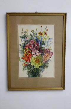 Art Deco Watercolor Floral Painting Wildflowers by Emil Fiala, Vienna, 1930s