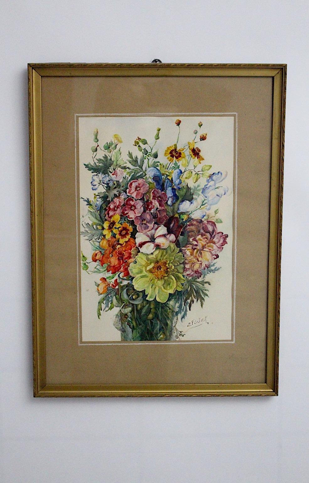 Austrian Art Deco Watercolor Vintage Painting Wildflowers by Emil Fiala, Vienna, 1930s For Sale