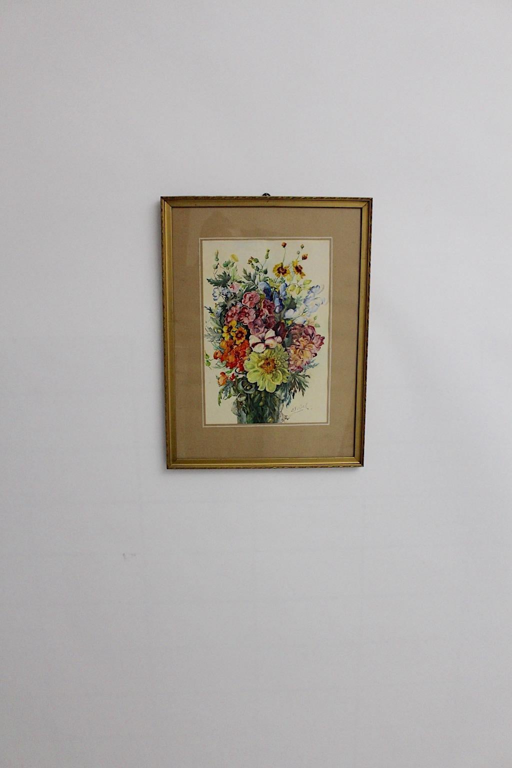 Austrian Art Deco Watercolor Vintage Painting Wildflowers by Emil Fiala, Vienna, 1930s For Sale
