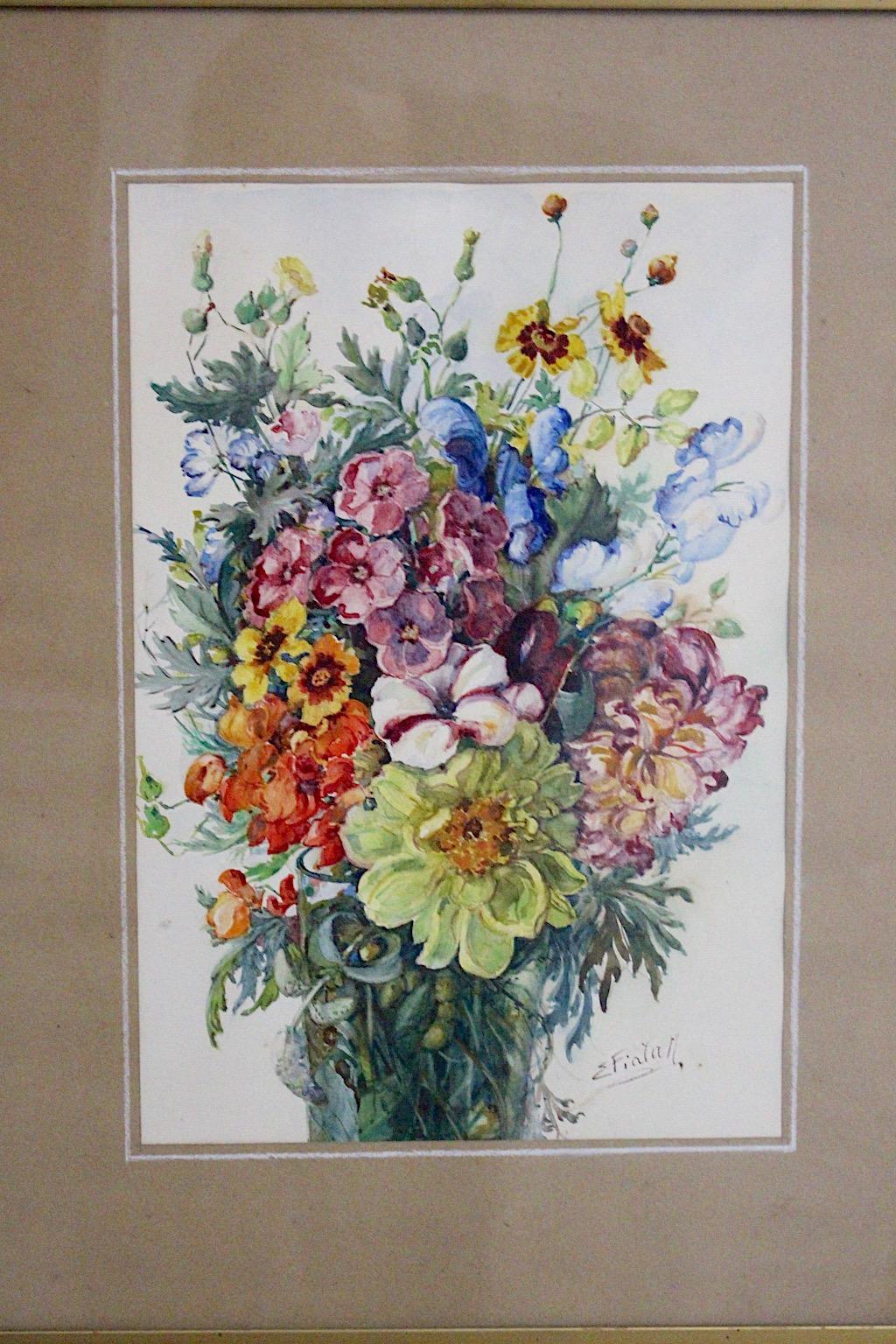 Paper Art Deco Watercolor Vintage Painting Wildflowers by Emil Fiala, Vienna, 1930s For Sale