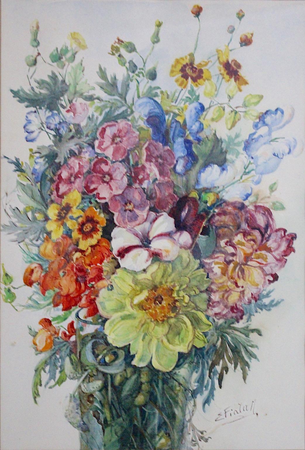 Art Deco Watercolor Vintage Painting Wildflowers by Emil Fiala, Vienna, 1930s For Sale 1