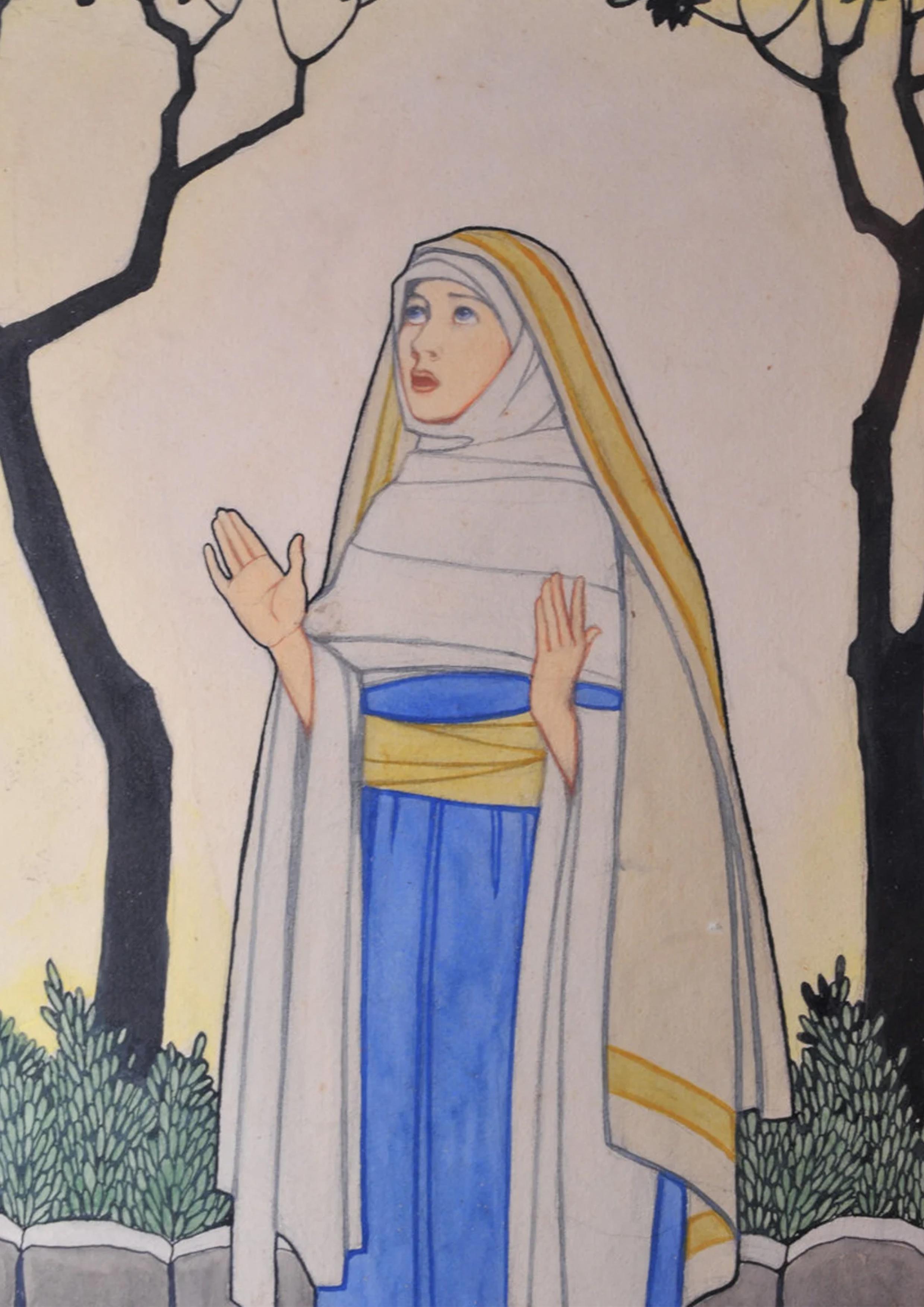 Britannico Acquerello Art Deco incorniciato con opera d'arte di una suora cattolica firmata G Hastain 1927 in vendita