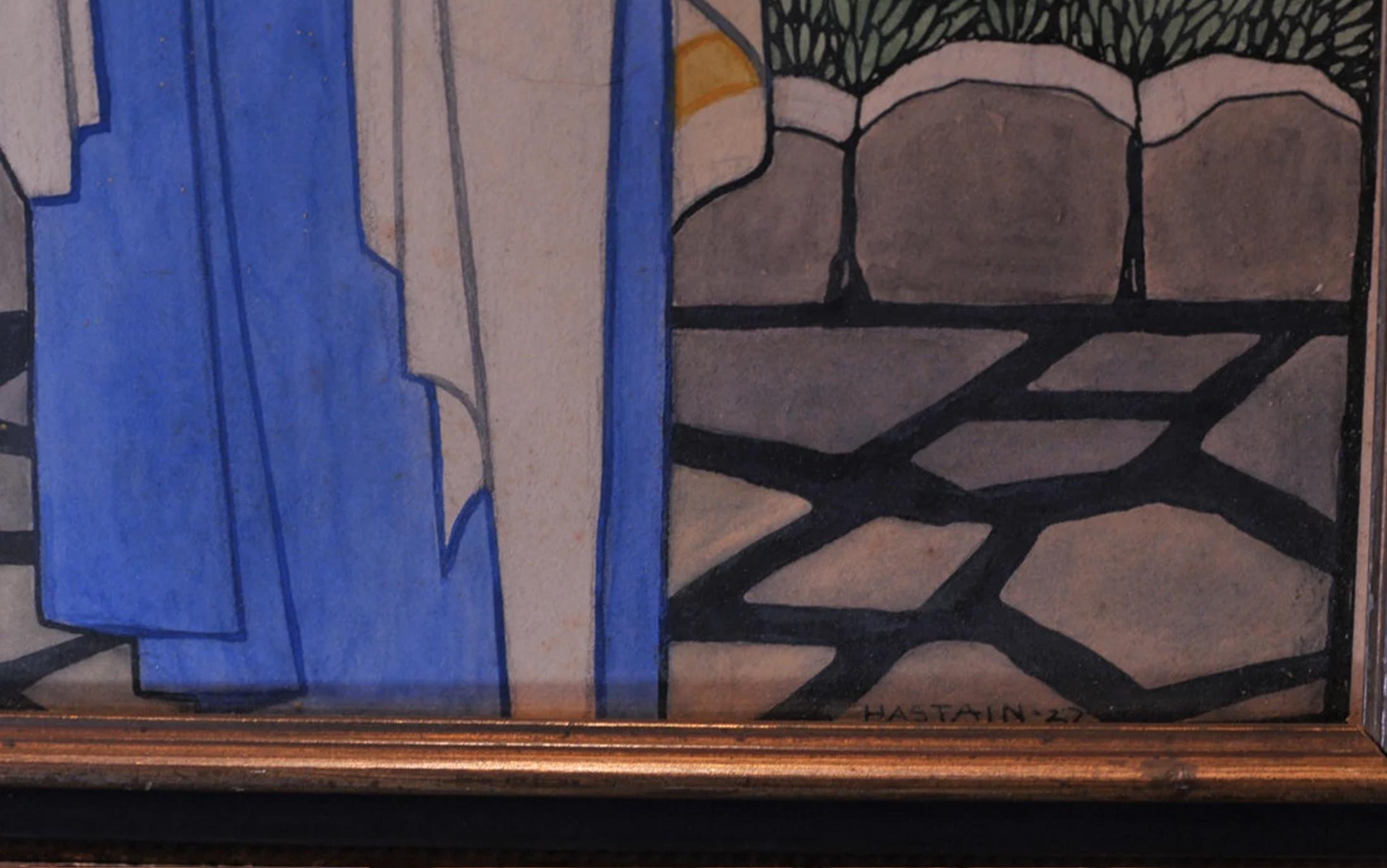 Dipinto a mano Acquerello Art Deco incorniciato con opera d'arte di una suora cattolica firmata G Hastain 1927 in vendita