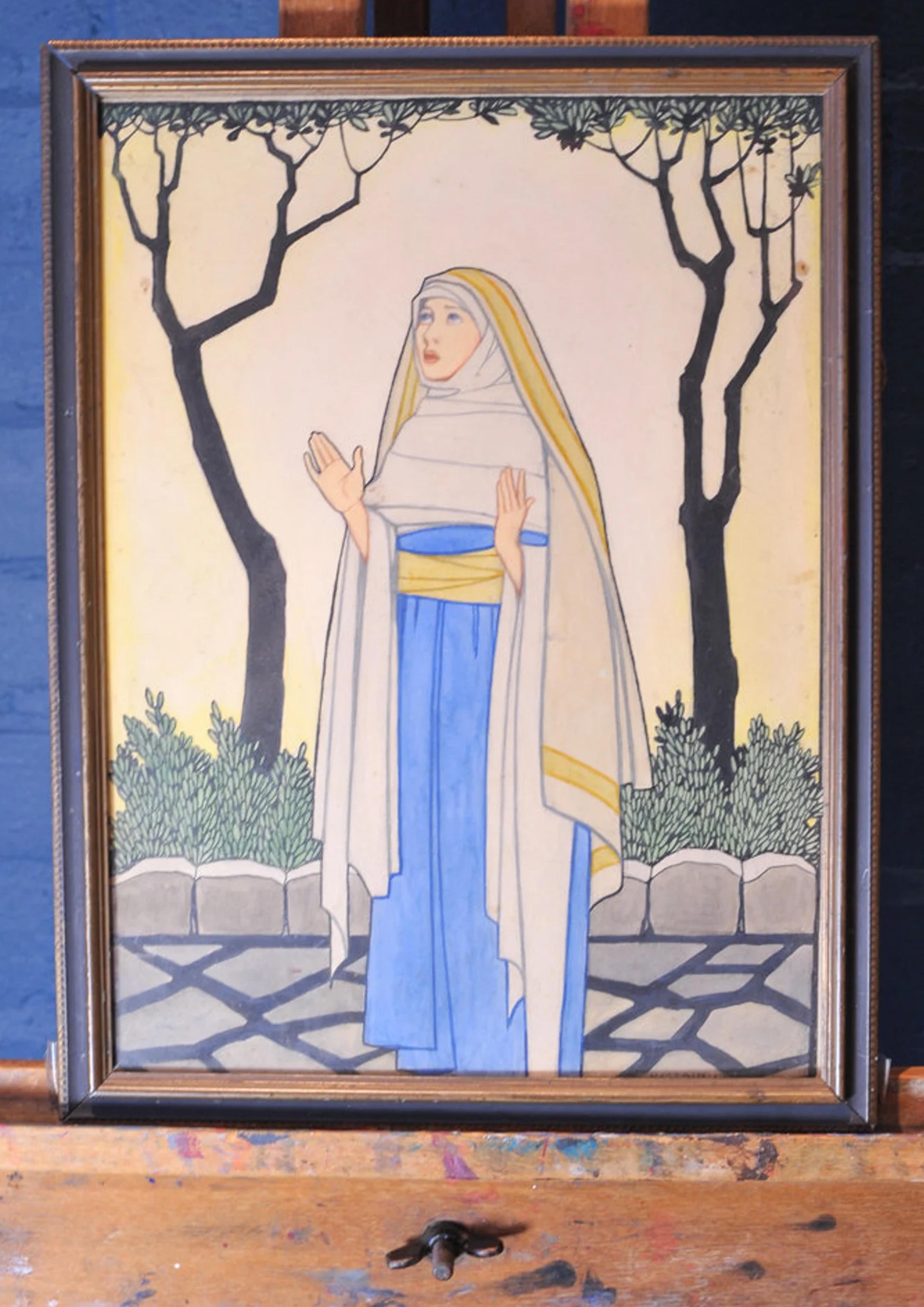 Legno Acquerello Art Deco incorniciato con opera d'arte di una suora cattolica firmata G Hastain 1927 in vendita