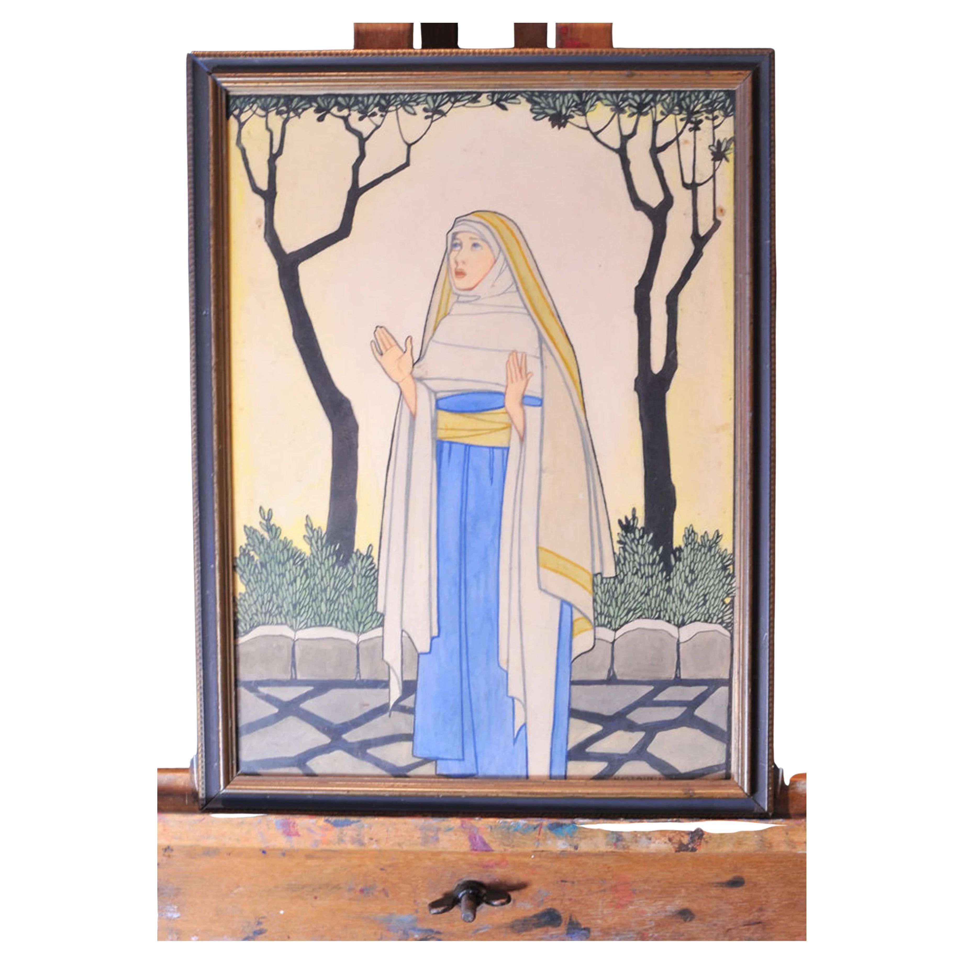 Art Decó Acuarela Enmarcada Obra de Arte de una Monja Católica Firmada G Hastain 1927