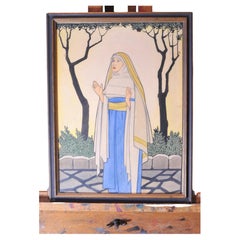Acquerello Art Deco incorniciato con opera d'arte di una suora cattolica firmata G Hastain 1927