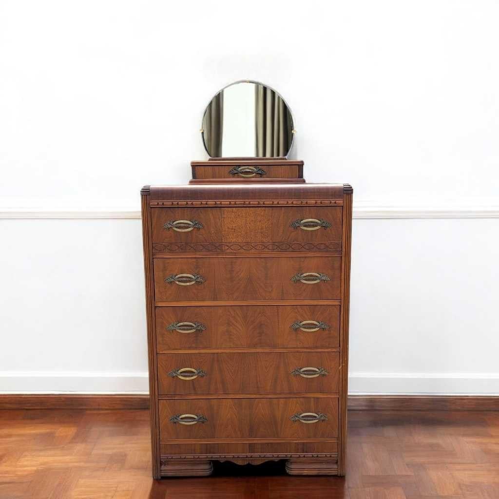 Americano Cassettiera a cascata Art Deco, cassettone in Wood con specchio, anni '30 in vendita