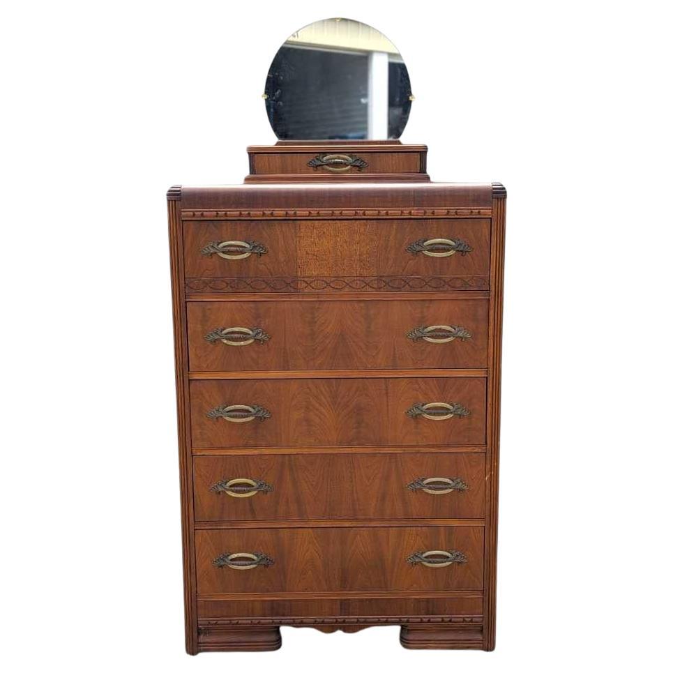 Art Deco Waterfall Chest of Drawers, Wood Tallboy Dresser with Mirror, 1930s