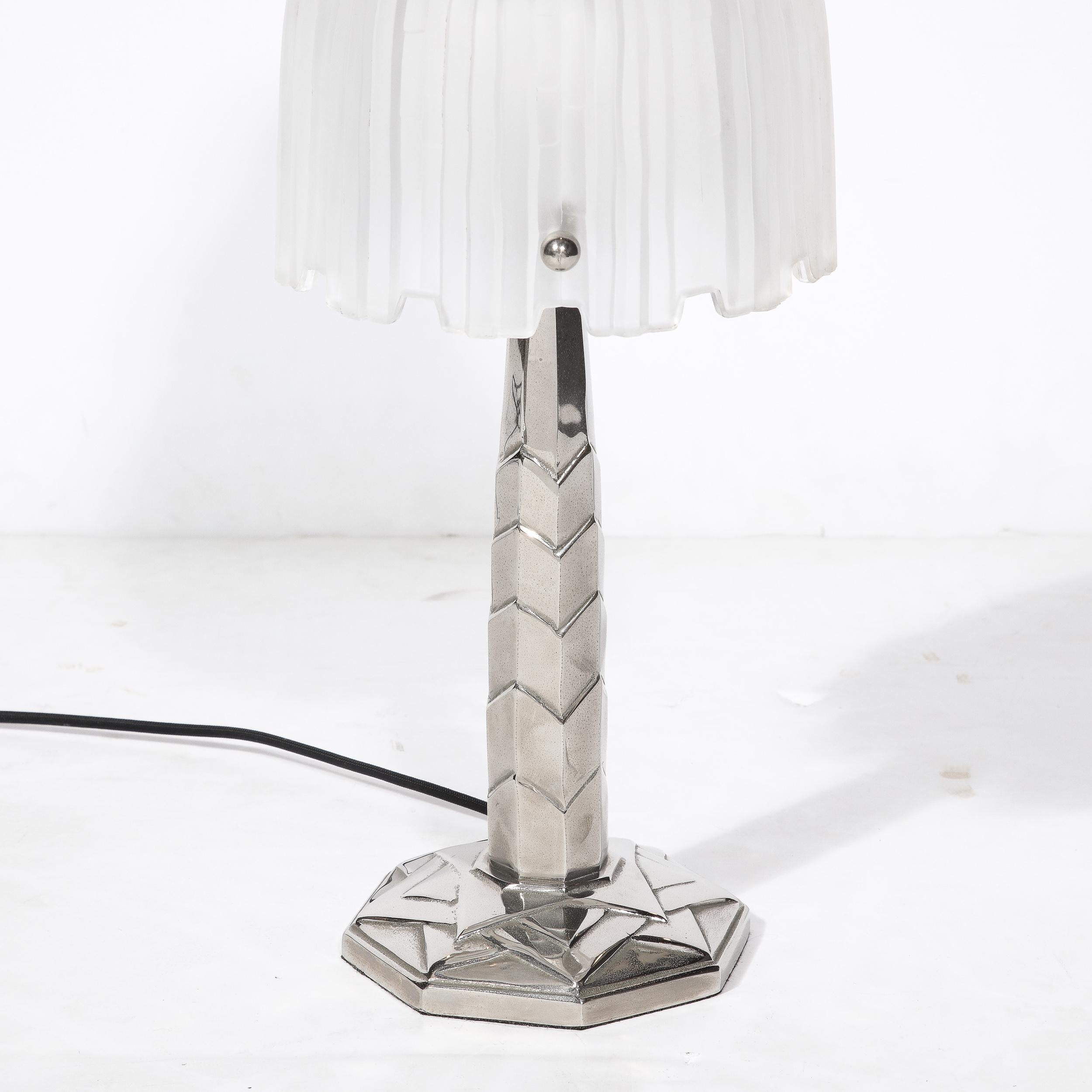 Mid-20th Century Art Deco Waterfall Frosted Glass Table Lamp w/ Skyscraper Base signed Sabino For Sale