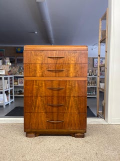 Art Deco Waterfall Tallboy Dresser in Bookmatched Walnut Veneer, Possibly 1930s