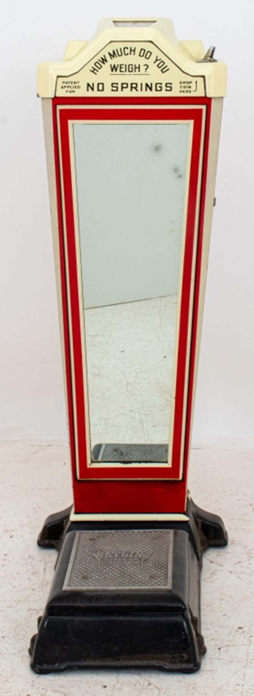 Art Deco red enameled metal floor penny scale by Watling Chicago Co., mirror to front, Measures: 48.25