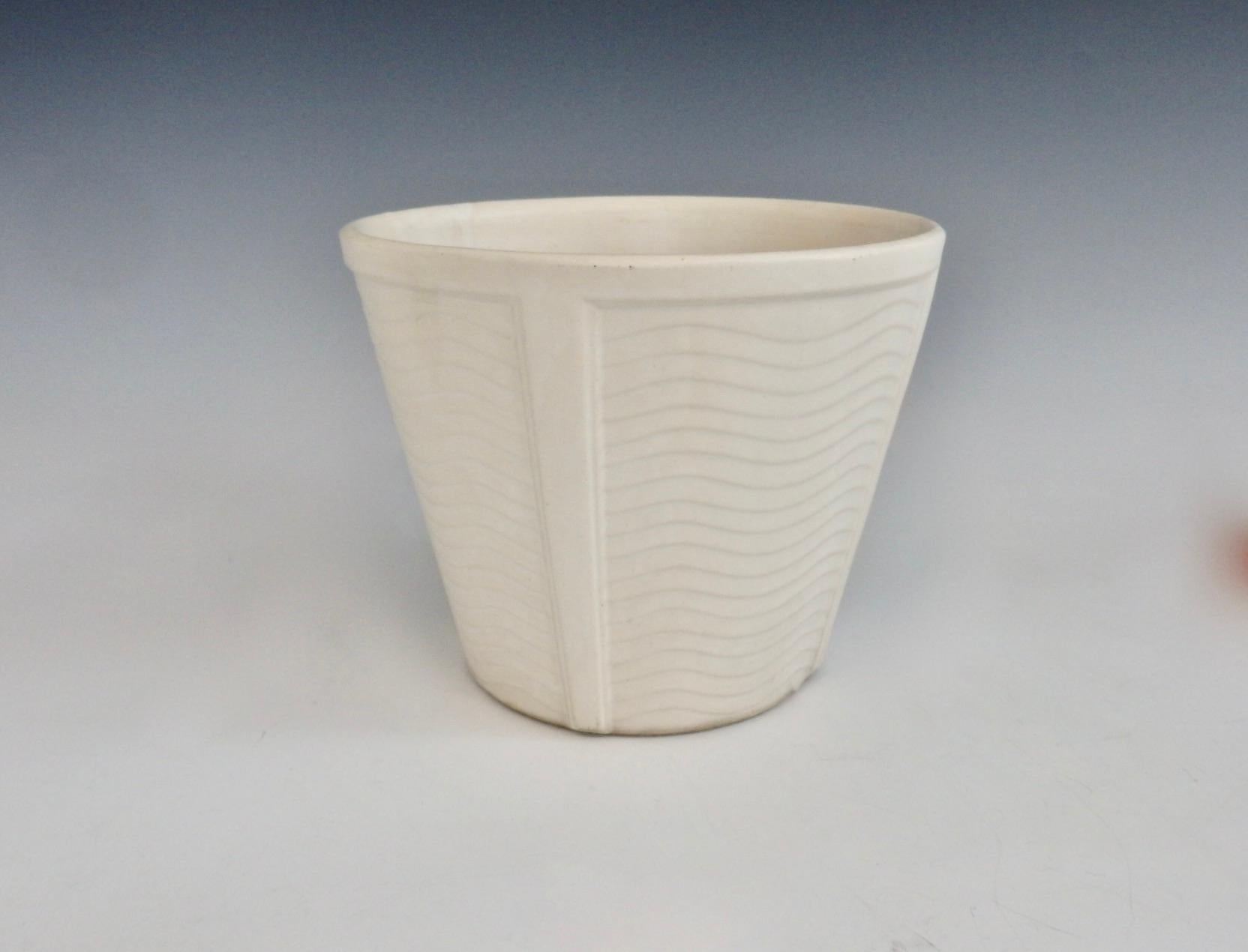 Hand-Crafted Art Deco Wave Design on Heavy Bodied Matte White McCoy Planter Pot