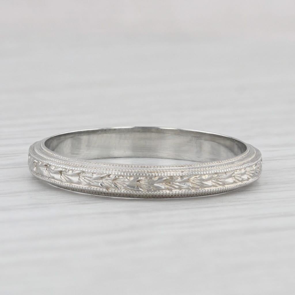 Art Deco Weizen geätzt Band 18k Weißgold Größe 11,25 Ehering im Angebot 1