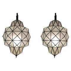 Art Deco While Milk Chandeliers, Pendant or Lanterns in Dome Shape-  A Pair 