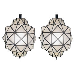 Vintage Art Deco While Milk Chandeliers, Pendant or Lanterns in Dome Shape, a Pair
