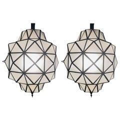 Art Deco While Milk Chandeliers, Pendant or Lanterns in Dome Shape, a Pair