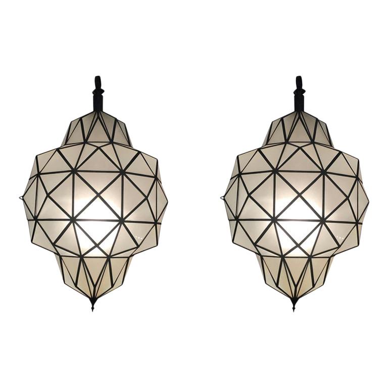 Art Deco White Milk Chandeliers, Pendant or Lanterns in Dome Shape, a Pair 