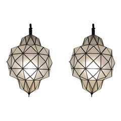 Art Deco White Milk Chandeliers, Pendant or Lanterns in Dome Shape, a Pair