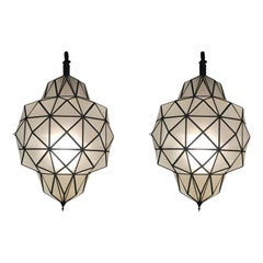 Vintage Art Deco White Milk Chandeliers, Pendant or Lanterns in Dome Shape, a Pair 