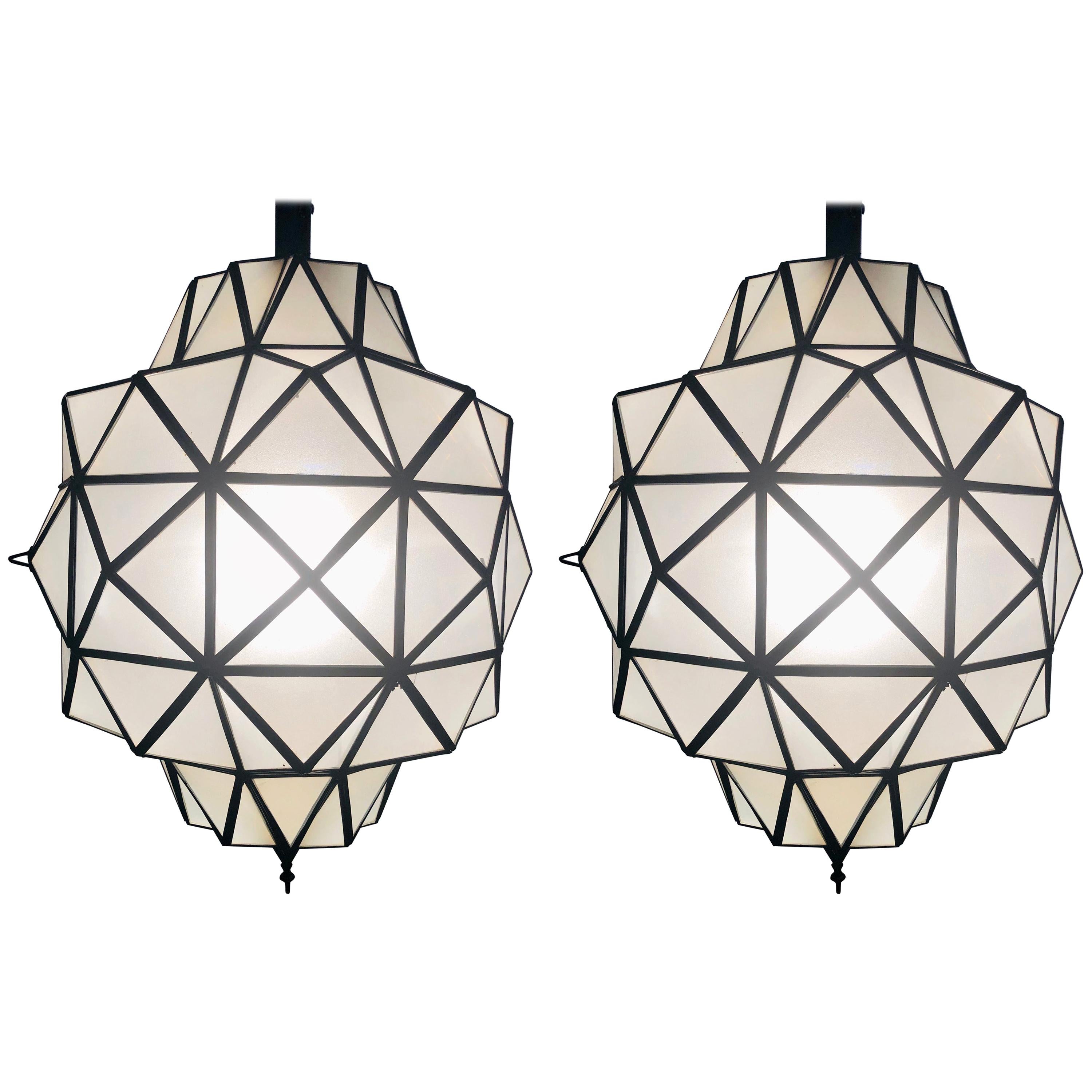 Art Deco White Milk Chandeliers, Pendant or Lanterns in Dome Shape, a Pair