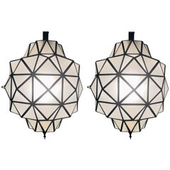 Vintage Art Deco White Milk Chandeliers, Pendant or Lanterns in Dome Shape, a Pair