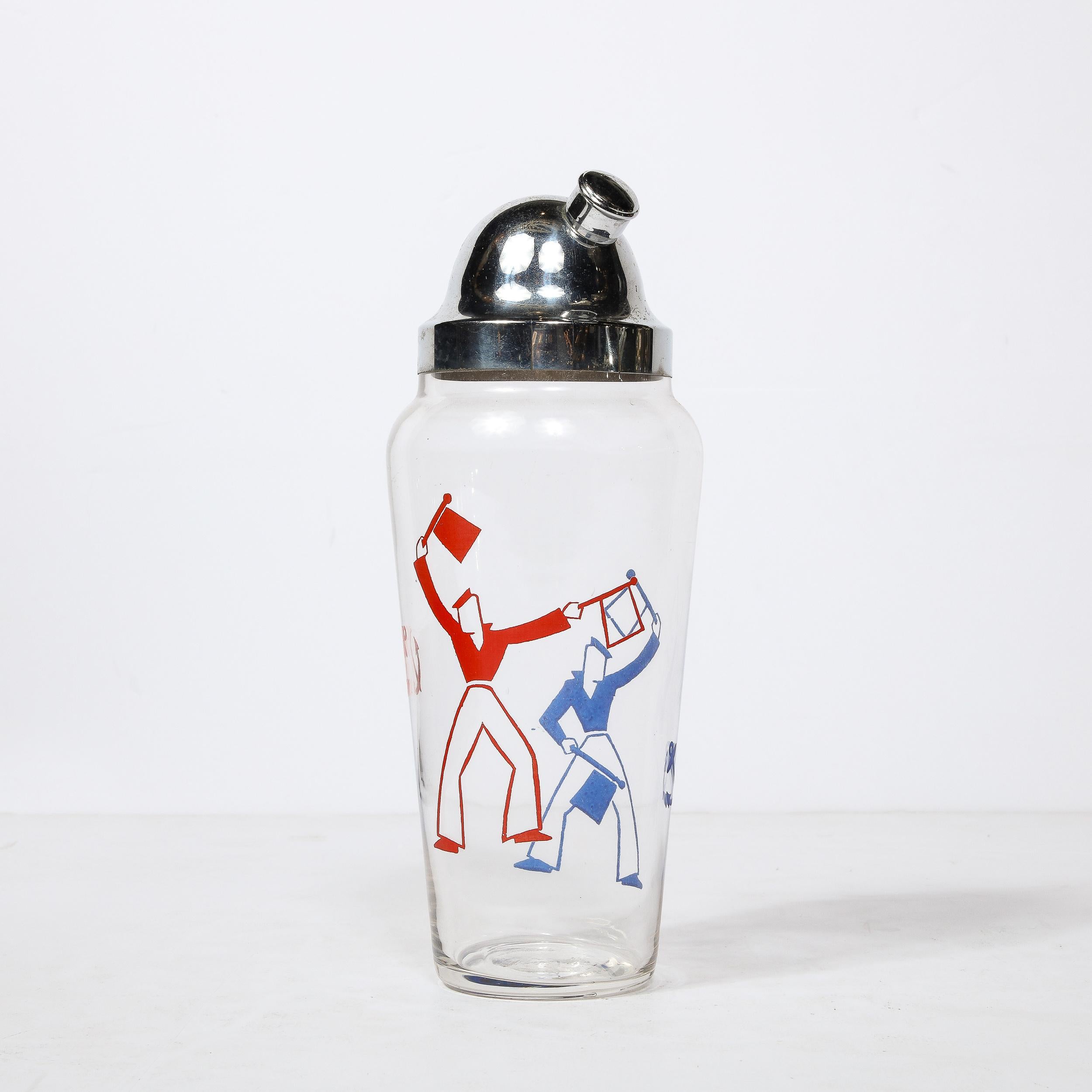 Art Deco Whimsical Cocktail Shaker in Chrome with Sailors in Red and Blue  5