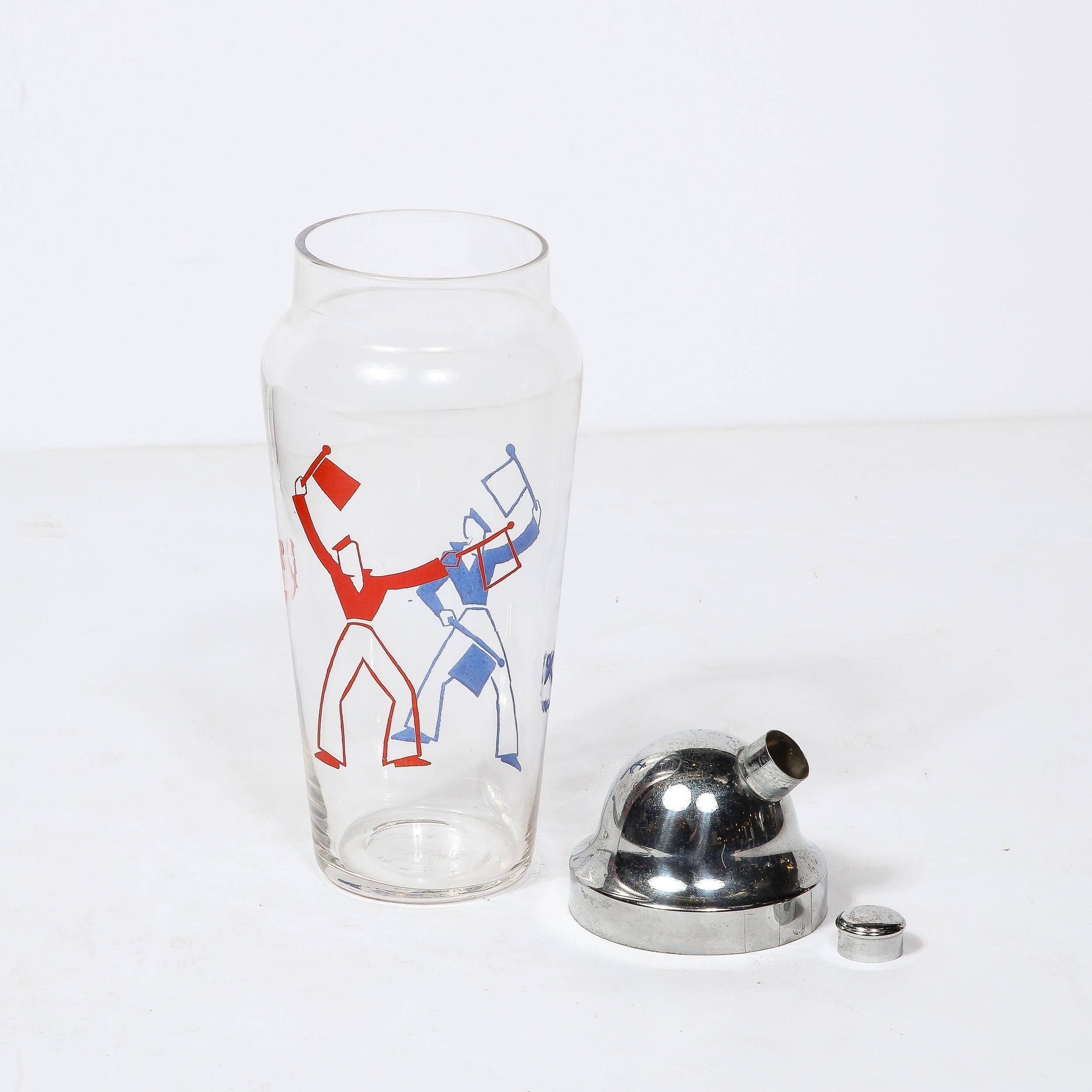 Art Deco Whimsical Cocktail Shaker in Chrome with Sailors in Red and Blue  6