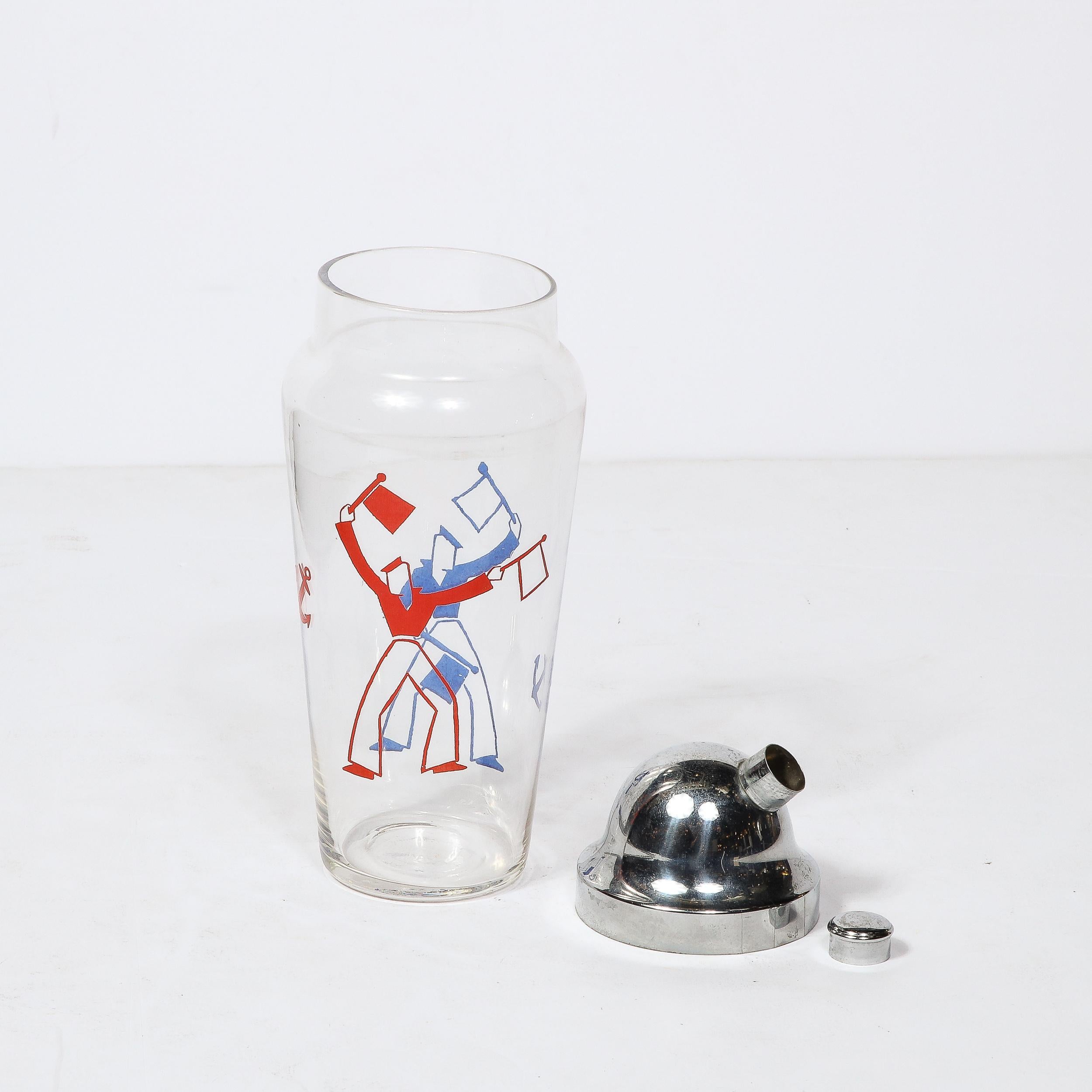 Art Deco Whimsical Cocktail Shaker in Chrome with Sailors in Red and Blue  7