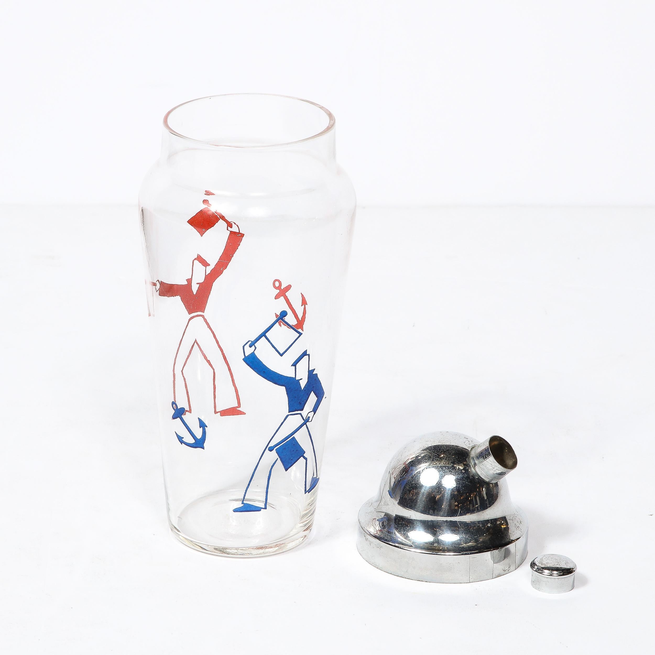 Art Deco Whimsical Cocktail Shaker in Chrome with Sailors in Red and Blue  8