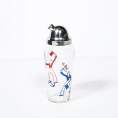Art Deco Whimsical Cocktail Shaker in Chrome with Sailors in Red and Blue