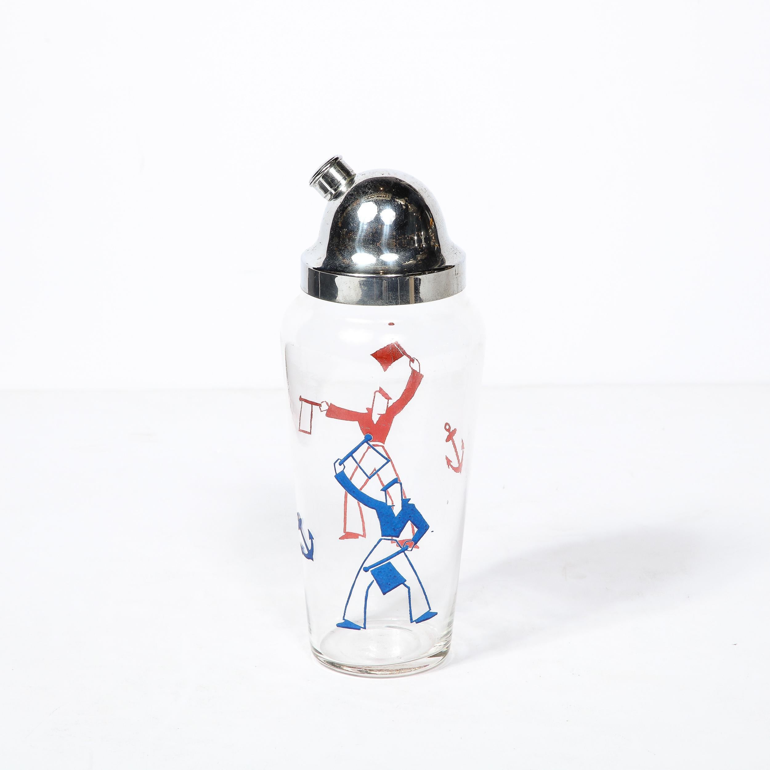 American Art Deco Whimsical Cocktail Shaker in Chrome with Sailors in Red and Blue 