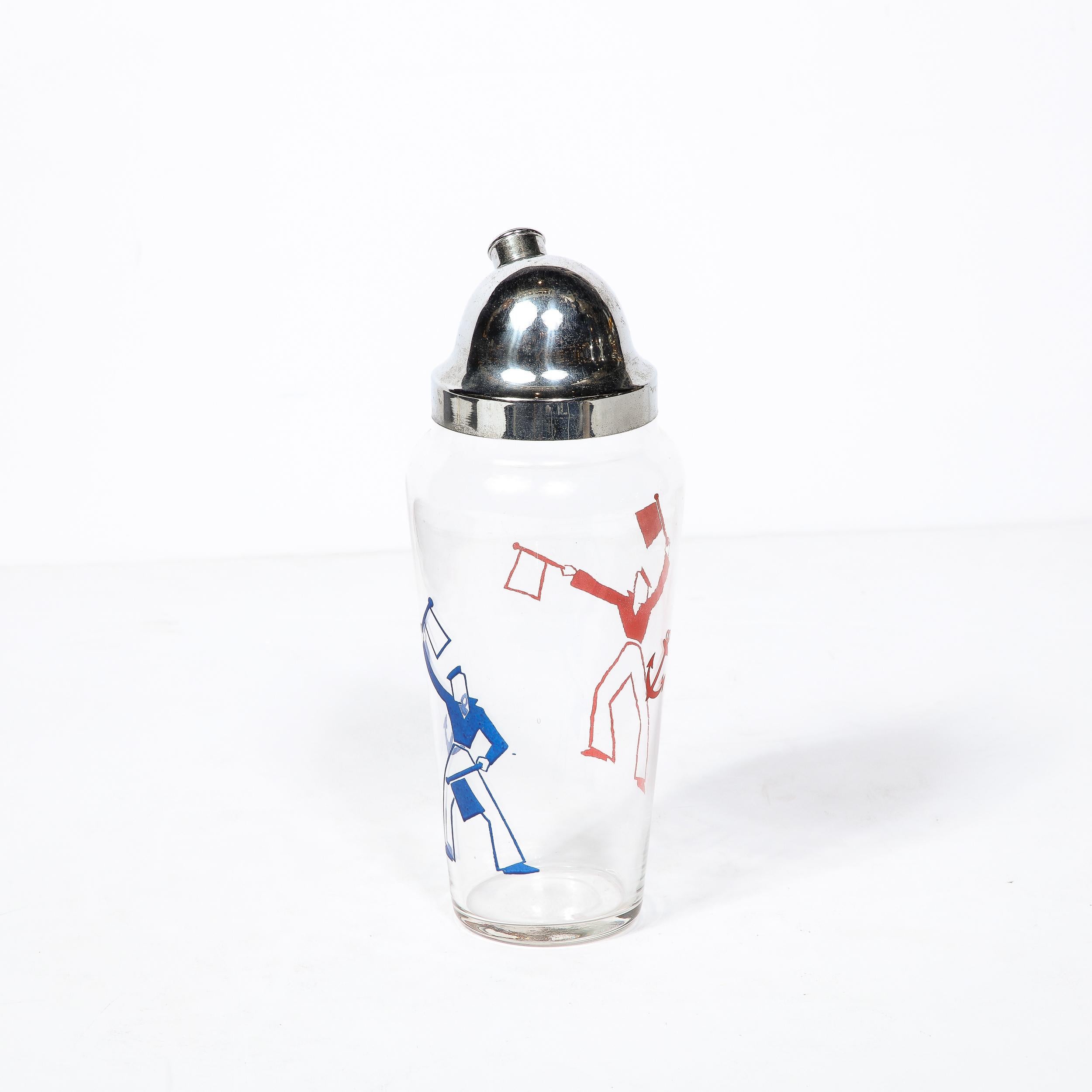 Art Deco Whimsical Cocktail Shaker in Chrome with Sailors in Red and Blue  In Excellent Condition In New York, NY