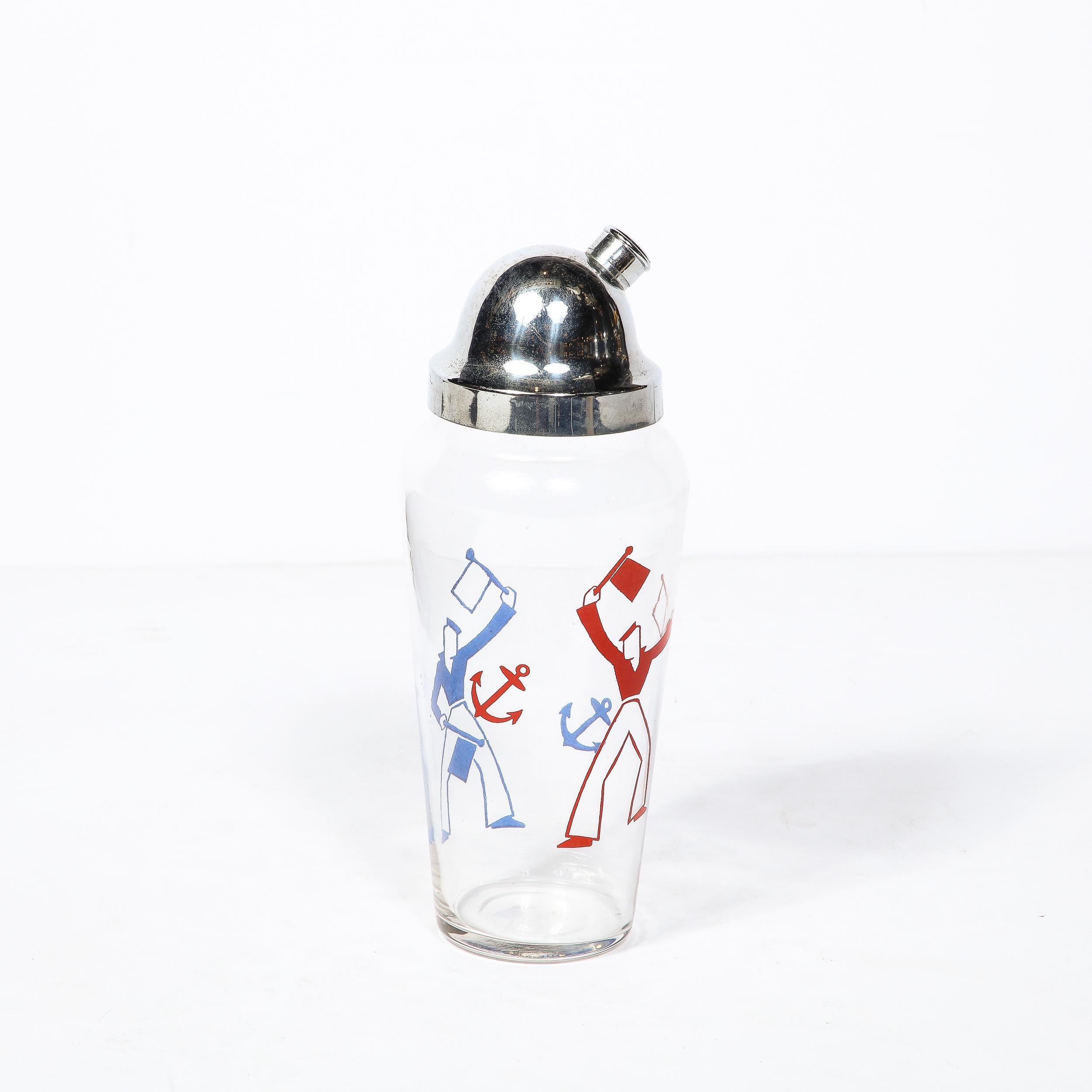 Mid-20th Century Art Deco Whimsical Cocktail Shaker in Chrome with Sailors in Red and Blue 