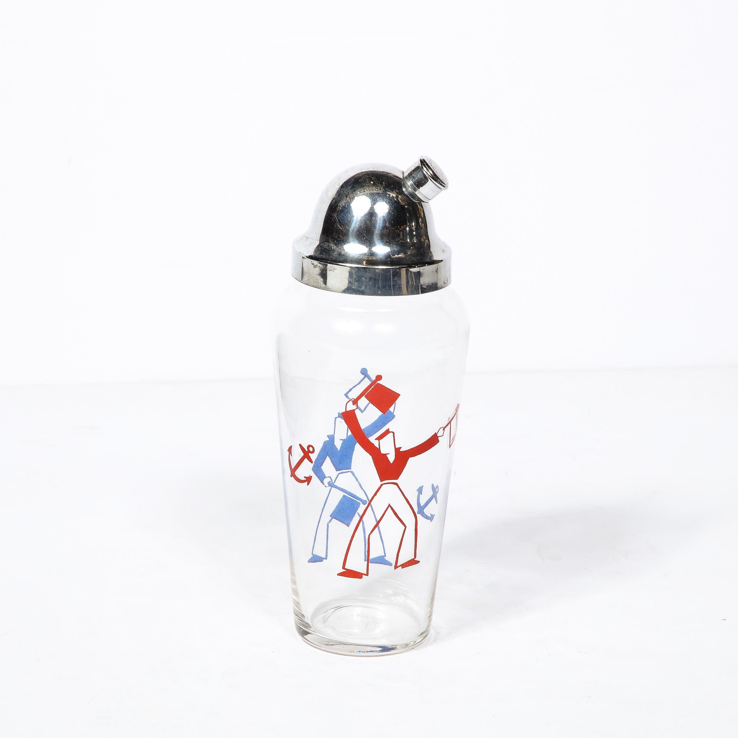 Glass Art Deco Whimsical Cocktail Shaker in Chrome with Sailors in Red and Blue 