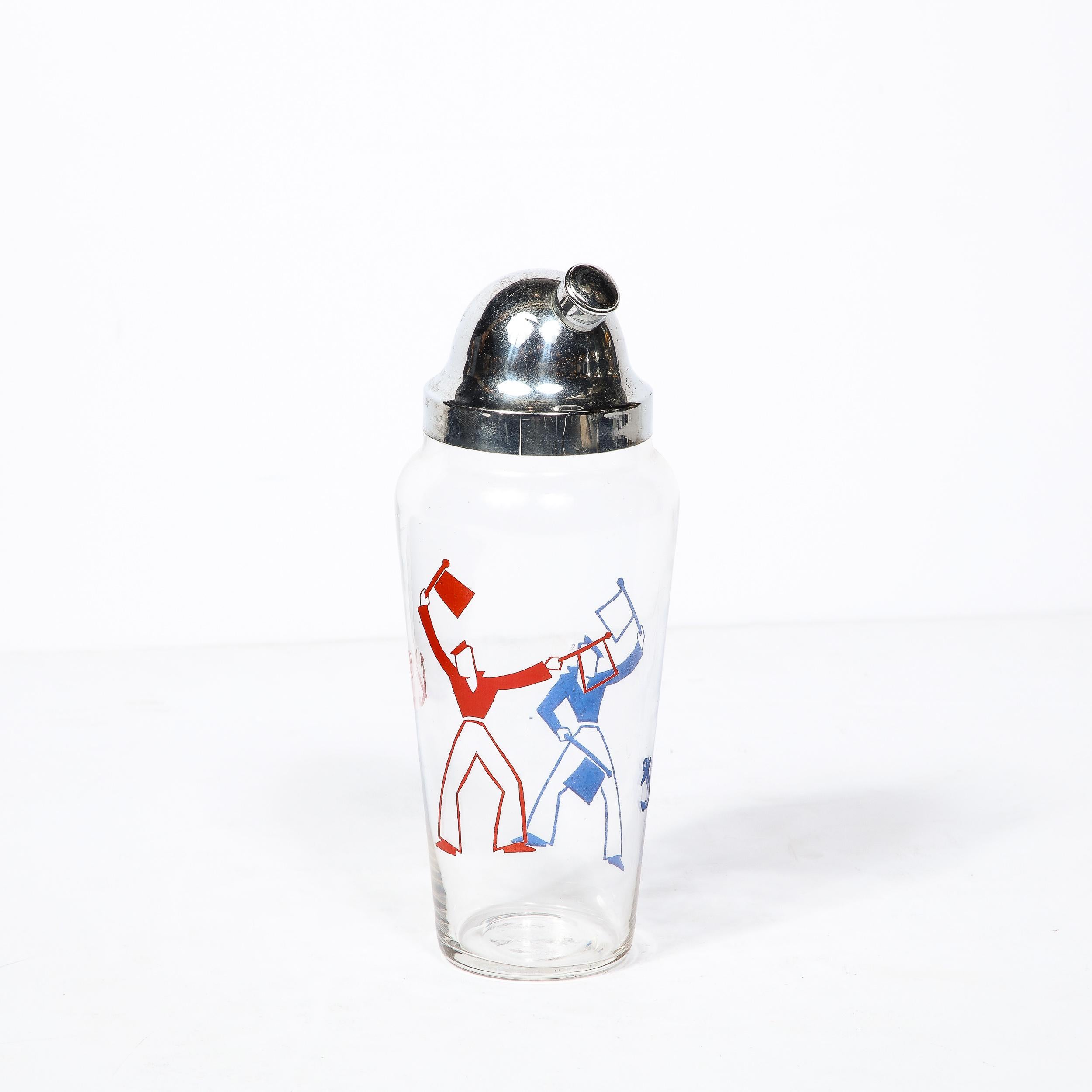 Art Deco Whimsical Cocktail Shaker in Chrome with Sailors in Red and Blue  1