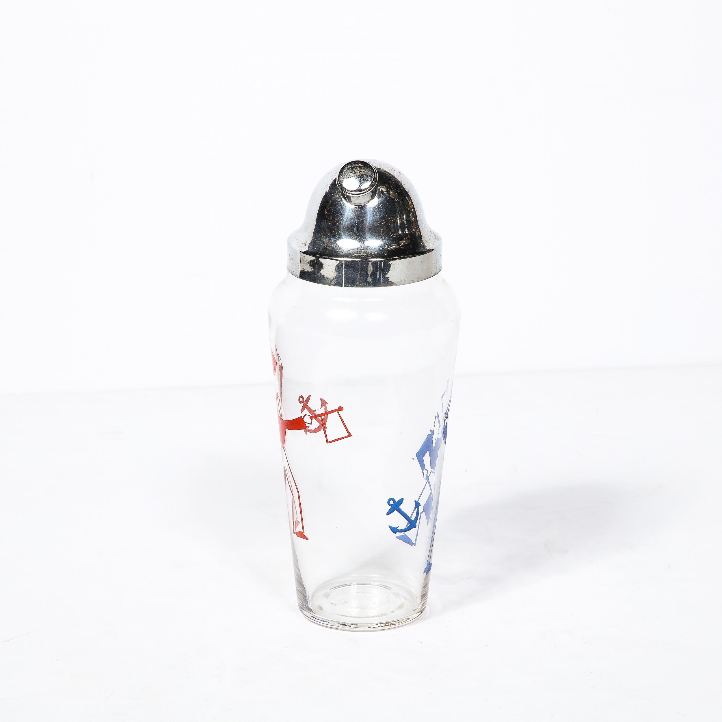 Art Deco Whimsical Cocktail Shaker in Chrome with Sailors in Red and Blue  2