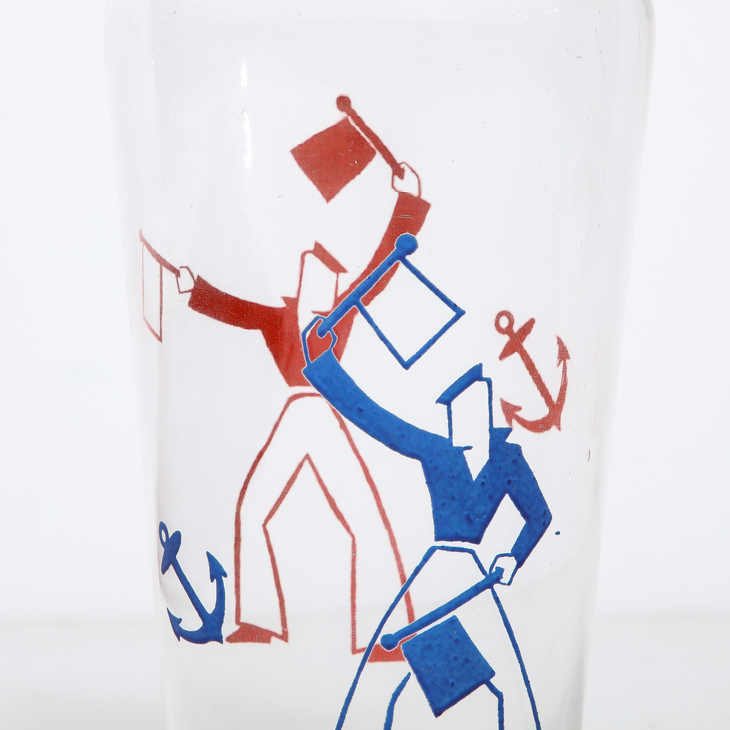Art Deco Whimsical Cocktail Shaker in Chrome with Sailors in Red and Blue  3