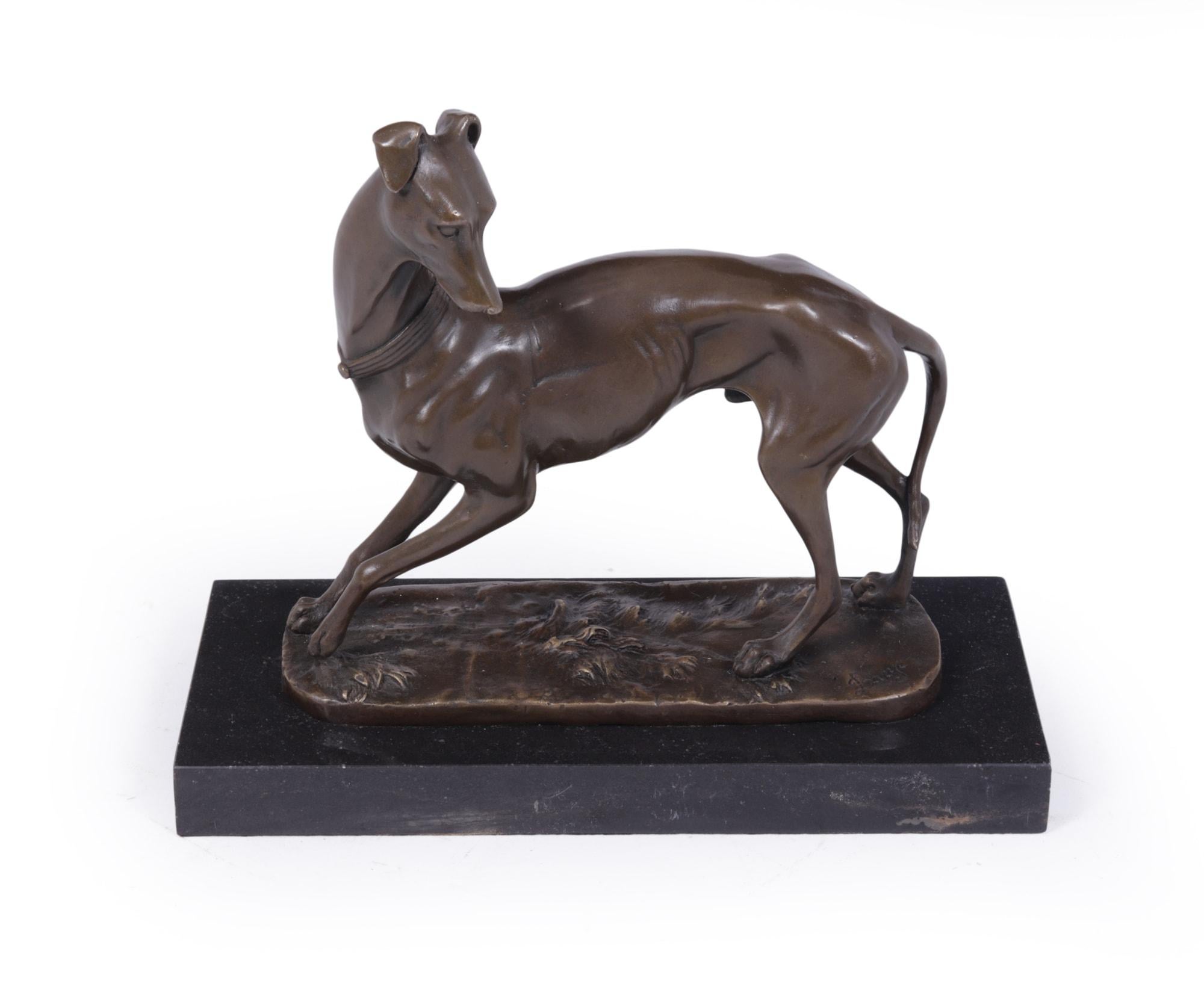 Art Deco Whippet sculpture in bronze by Bayre
Antoine-Louis Bayre ( 1795- 1875 ) The Whippet, this bronze was cast around 1880 and signed Bayre fitted to black marble base, great quality casting, great colour and patina to bronze. Bayre was born in