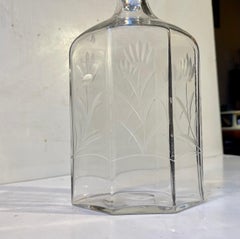 Art Deco Whiskey Decanter with Hand Etched Flowers in Glass