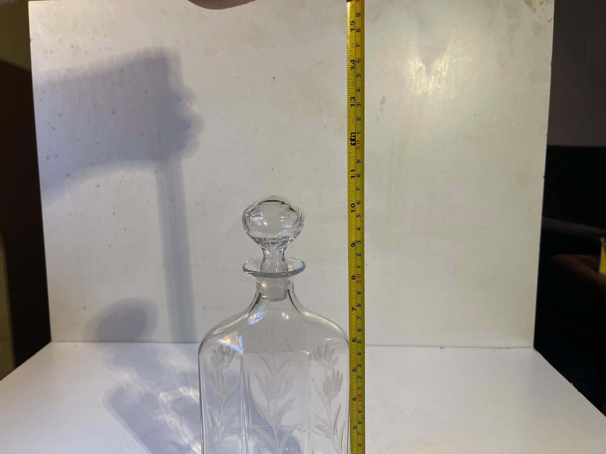 Blown Glass Art Deco Whiskey Decanter with Hand Etched Flowers in Glass For Sale
