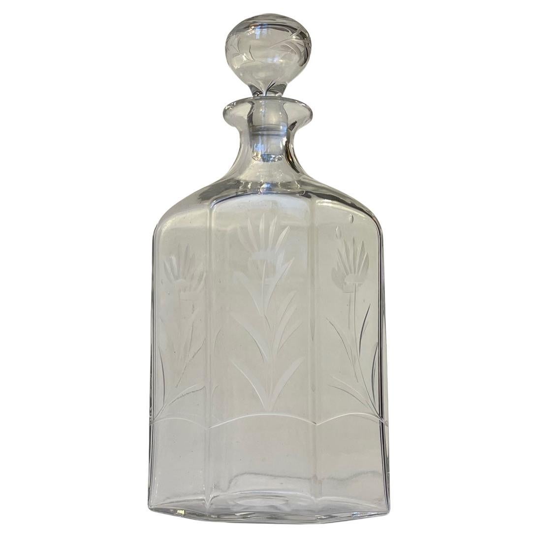 Art Deco Whiskey Decanter with Hand Etched Flowers in Glass For Sale