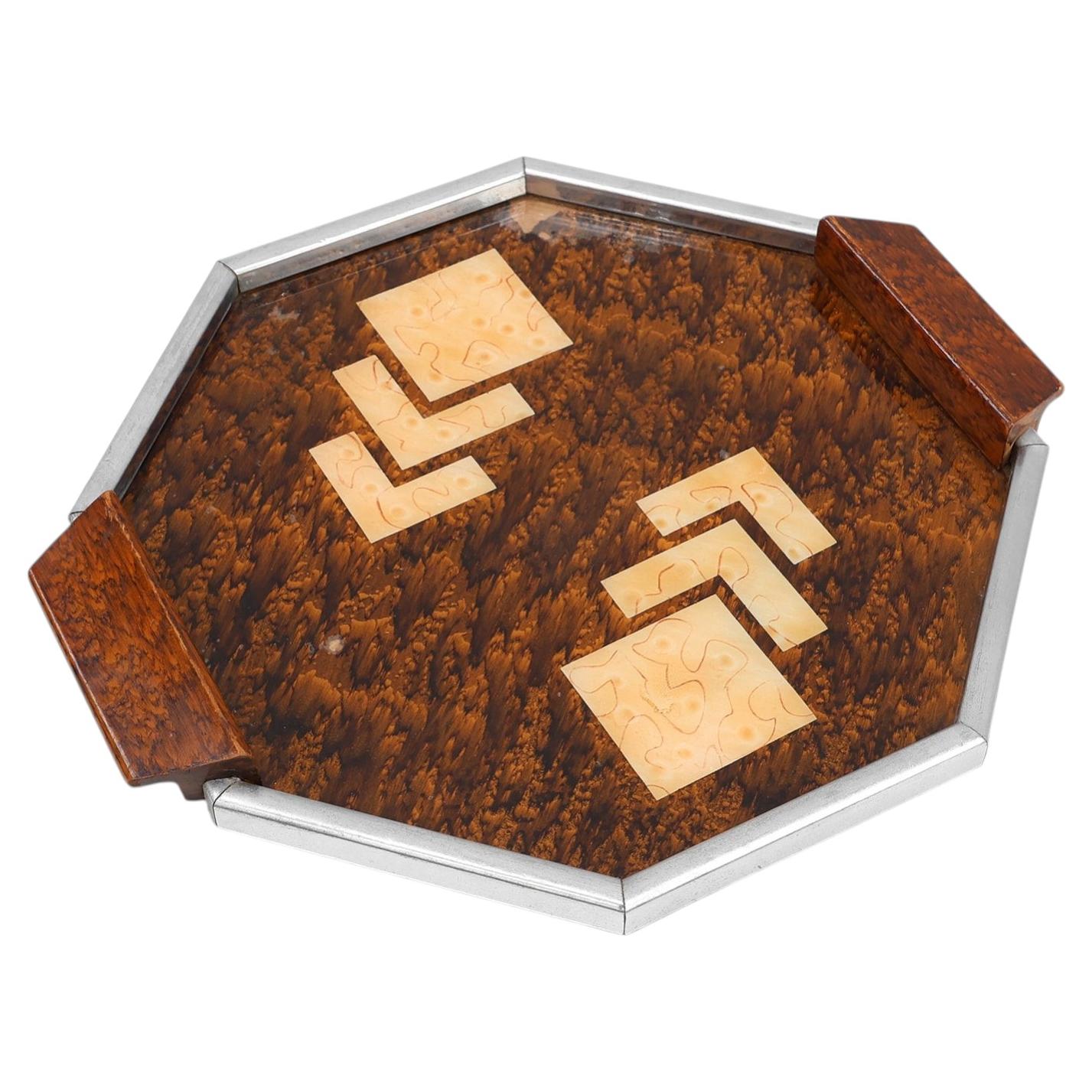 Art Deco Whiskey Tray in Metal and Wood, Belgium 1920s